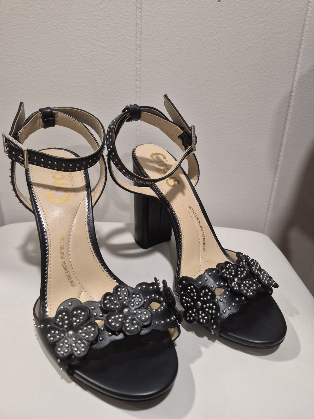 Circus by Sam Edelman Black Floral Studded Block Heel Sandals